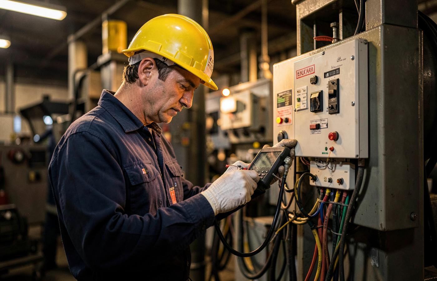 Teknisi melakukan commissioning panel fire alarm di area industri
