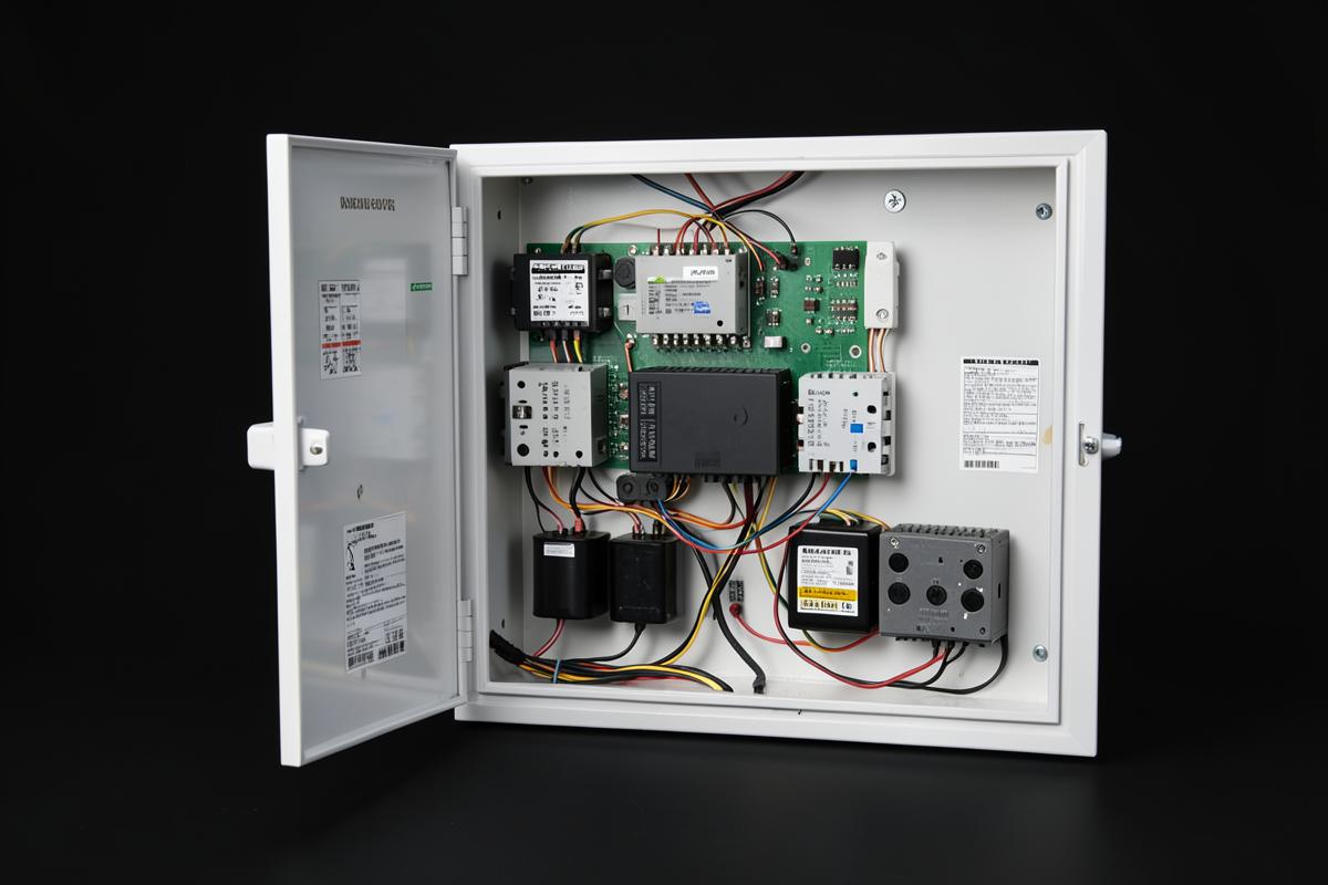 Bagian dalam panel MCFA: modul zone, terminal kabel, dan baterai backup